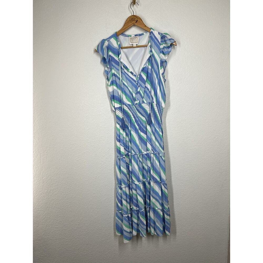 Sail To Sable Tassel Neck Midi Dress Medium Tiered Stripes Smocked Waist Maxi